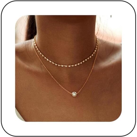 Bohemian Pearl Layered Choker Necklace – Gold Rhinestone Chain - Picture 1 of 5